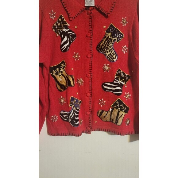 Christmas Stocking Large Red animal print, Sweater beading, visible stitch trim - Picture 3 of 8